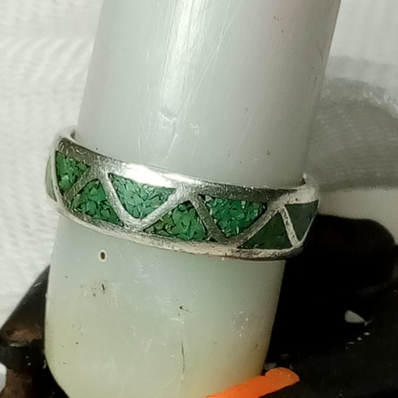 Malachite Gemstone Inlay Sterling Silver Unisex Band Sz 11 - Picture 2 of 10